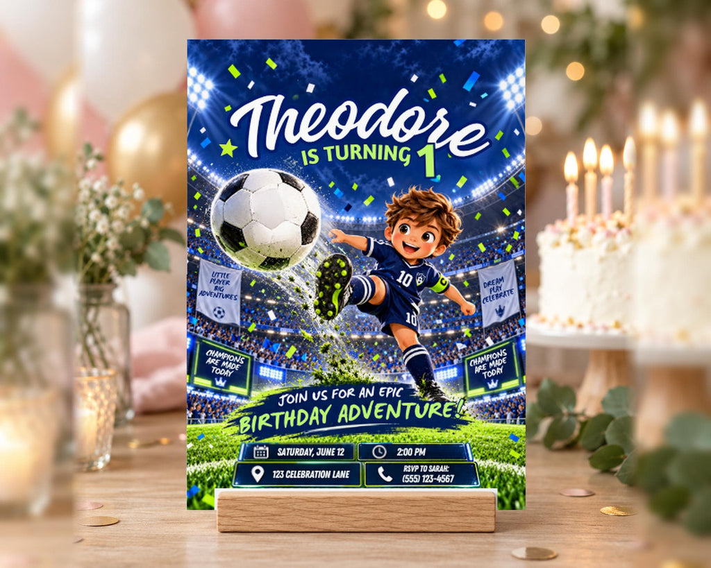 A birthday party invitation featuring a soccer theme, with a young boy in a soccer uniform kicking a soccer ball. The background shows a soccer stadium with lights and balloons, creating a festive atmosphere.
