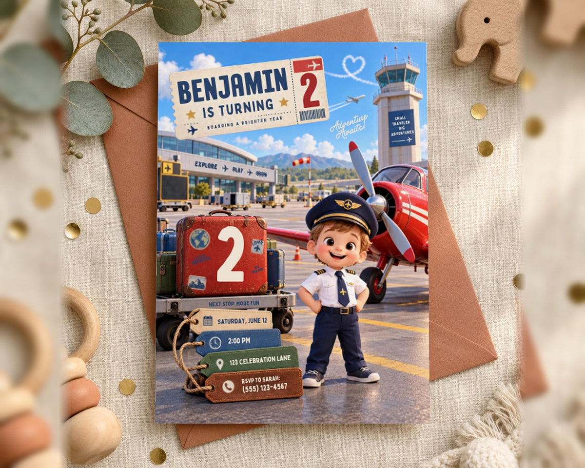 The image is a birthday invitation for a boy named Benjamin, who is turning two years old. The invitation features a cartoon image of a young boy dressed as a pilot, standing in front of a red airplane. The background of the invitation includes a depiction of an airport and a control tower. The invitation also includes details about the event, such as the date, time, and location.