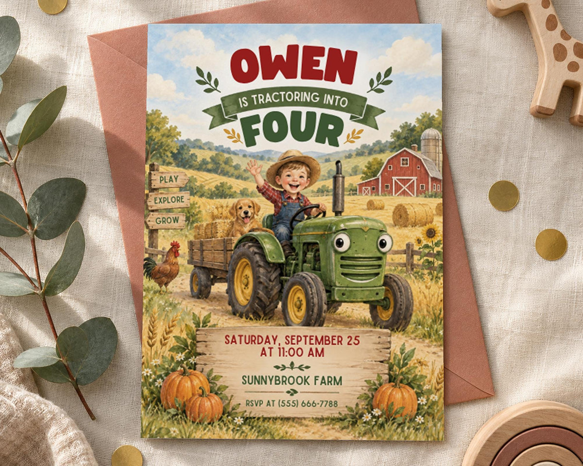 The image is a birthday invitation for Owen, who is turning four years old. The invitation features a farm scene with a boy riding a tractor, surrounded by farm animals and hay bales. The invitation is for Owen's fourth birthday party at Sunnybrook Farm on Saturday, September 25 at 1:00 AM.