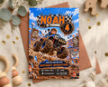 A birthday party invitation featuring a child riding a monster truck, with a checkered flag and the text "Noah is turning 4".