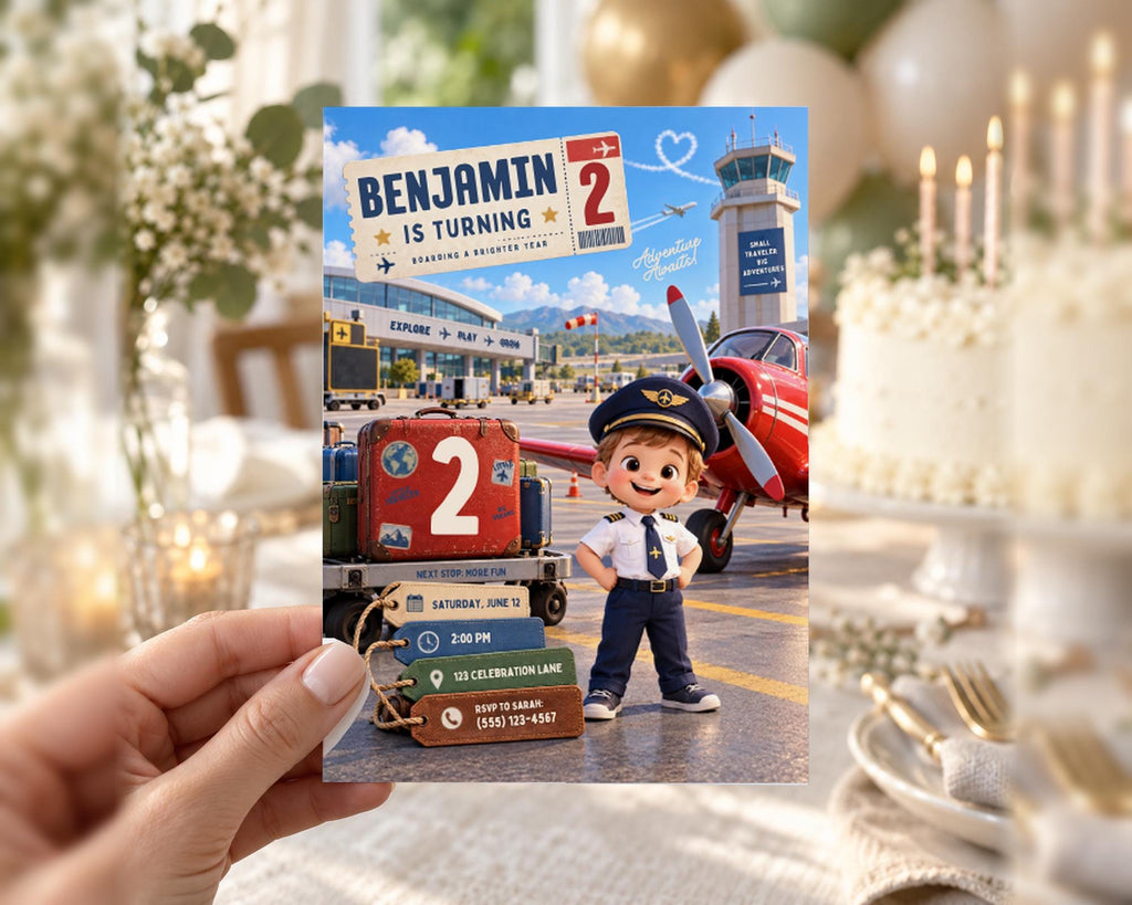 a birthday party invitation for a young boy named Benjamin, who is turning two years old. The invitation includes a cartoon image of a young boy dressed as a pilot, along with details about the party, such as the date, time, location, and a list of items to bring.
