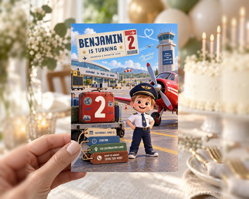 a birthday party invitation for a young boy named Benjamin, who is turning two years old. The invitation includes a cartoon image of a young boy dressed as a pilot, along with details about the party, such as the date, time, location, and a list of items to bring.