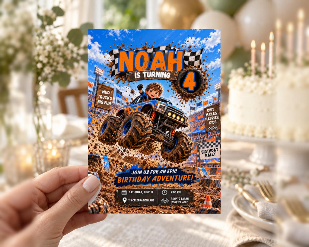 A birthday party invitation featuring a cartoon character riding a monster truck, with the text "Noah is turning 4" and "JOIN US FOR AN Epic Birthday Adventure!"