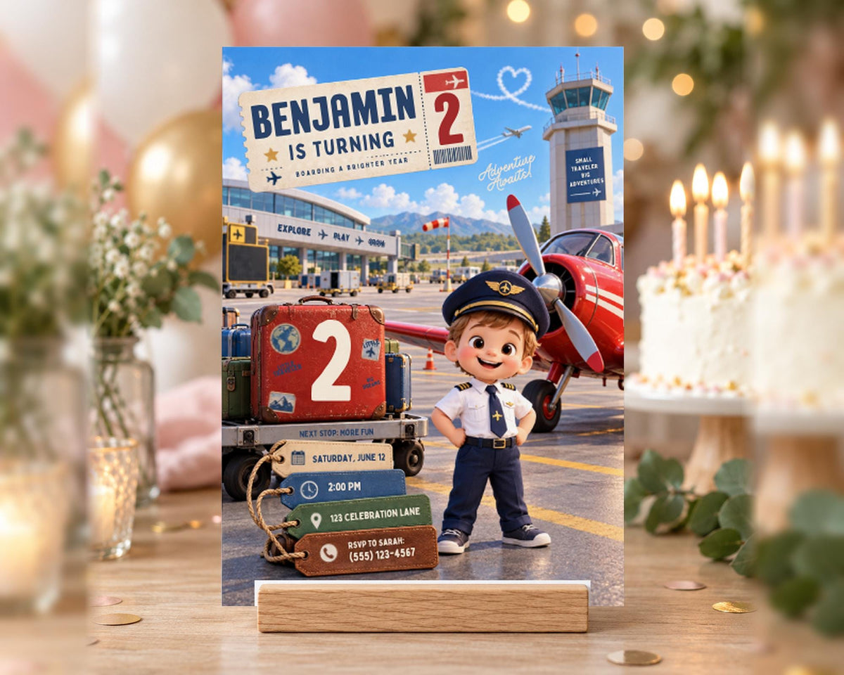 The image is a birthday invitation for a young boy named Benjamin, who is turning two years old. The invitation features a cartoon image of a young boy dressed as a pilot, with a red airplane and luggage in the background. The invitation also includes details about the birthday party, including the date, time, location, and a list of activities.