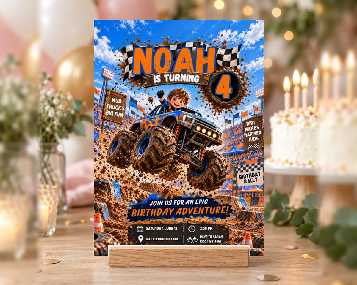 A birthday party invitation featuring a cartoon character riding a monster truck on a dirt road, with a birthday cake and other party decorations in the background.