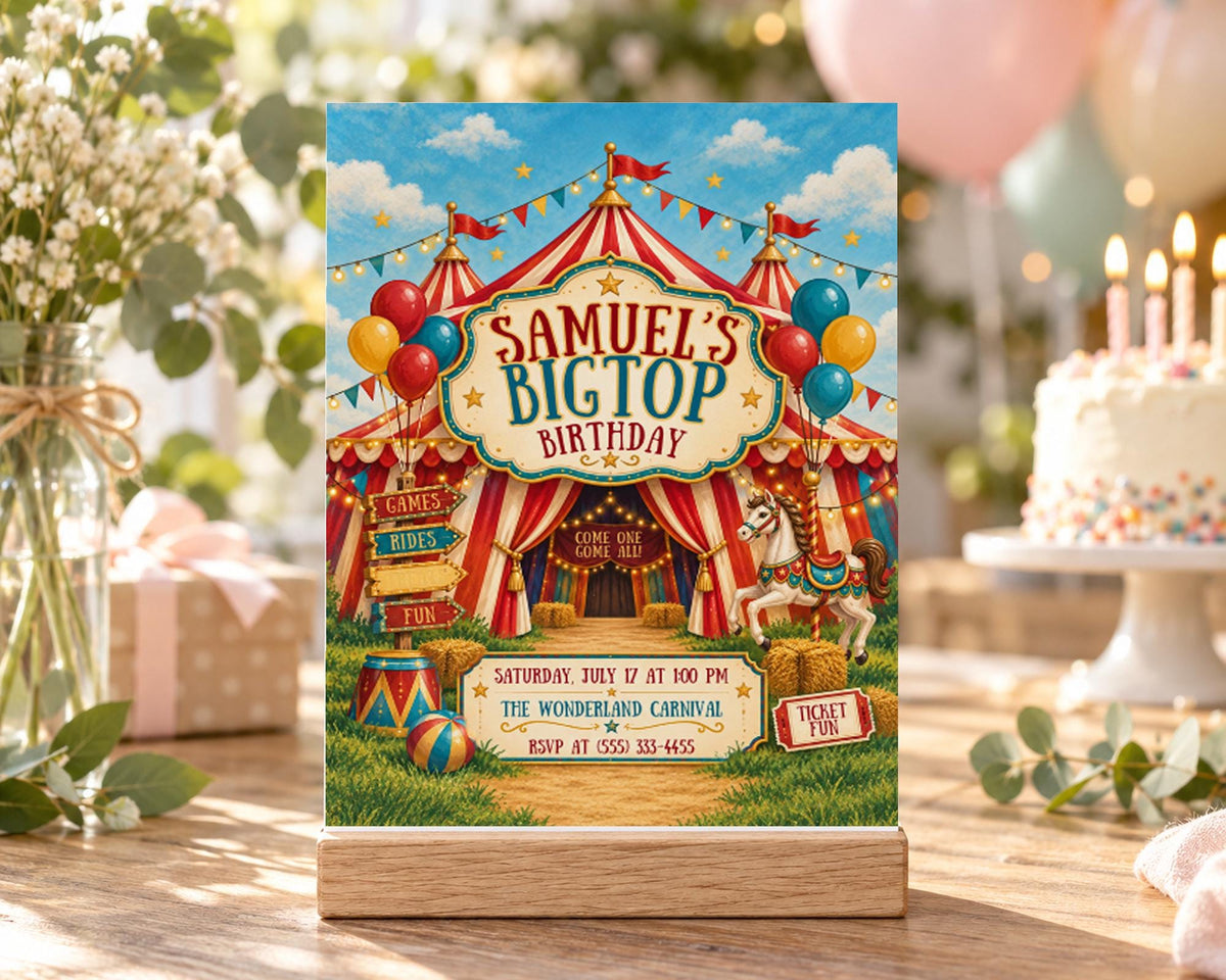 The image is a birthday invitation for a child named Samuel's Big Top birthday party. The invitation features a circus theme with a circus tent, circus animals, and circus performers. The text on the invitation includes the event name, date, time, location, and additional details about the party.