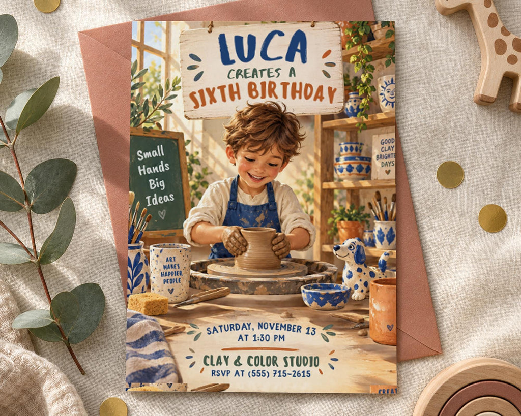 The image is a birthday invitation for a child named Luca, who is turning six years old. The invitation features a young boy sitting at a potter's wheel, surrounded by various pottery items, including bowls, vases, and a ceramic dog. The invitation is for a "Small Hands Big Ideas" event at the Clay & Color Studio on Saturday, November 13, at 1:30 PM, and invites guests to "CREATIVENESS AT THE CLAY & COLOR STUDIO" at (855) 725-2615.