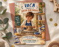 The image is a birthday invitation for a child named Luca, who is turning six years old. The invitation features a young boy sitting at a potter's wheel, surrounded by various pottery items, including bowls, vases, and a ceramic dog. The invitation is for a "Small Hands Big Ideas" event at the Clay & Color Studio on Saturday, November 13, at 1:30 PM, and invites guests to "CREATIVENESS AT THE CLAY & COLOR STUDIO" at (855) 725-2615.