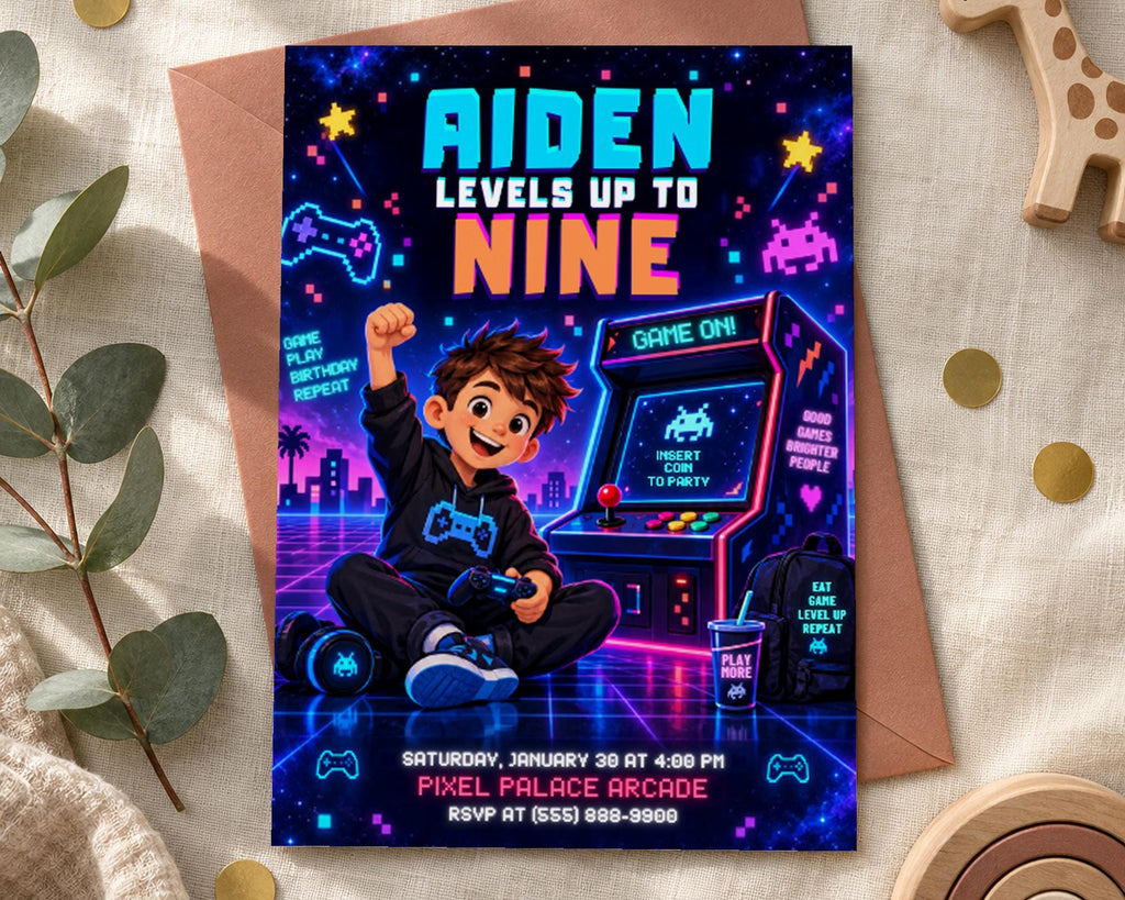 The image is a colorful invitation card for a gaming-themed birthday party, featuring a young boy playing a video game and surrounded by various gaming elements.