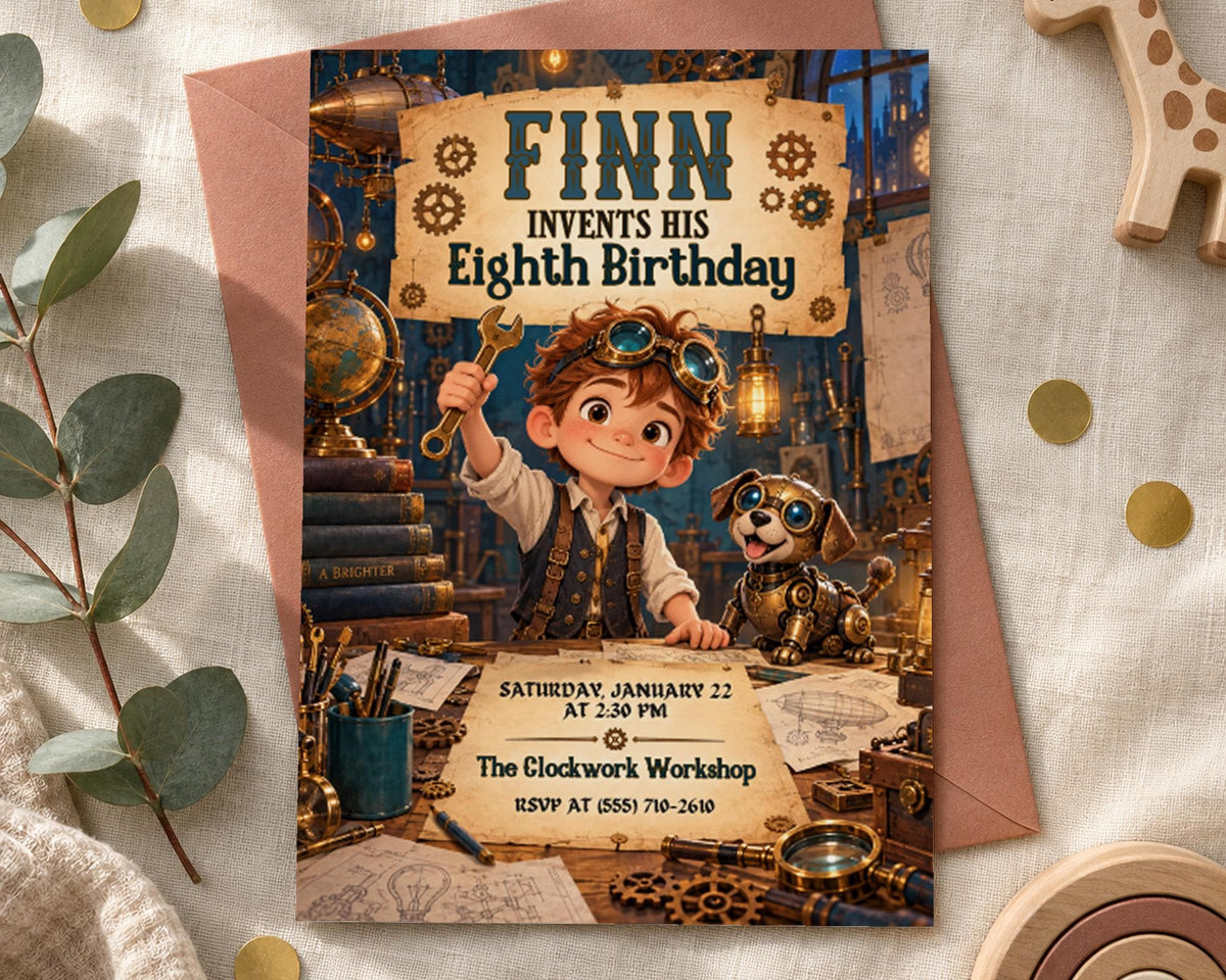 The image is a birthday invitation for a child's eighth birthday party. It features a cartoon character, a clock, and various mechanical elements, creating a whimsical and industrial theme.