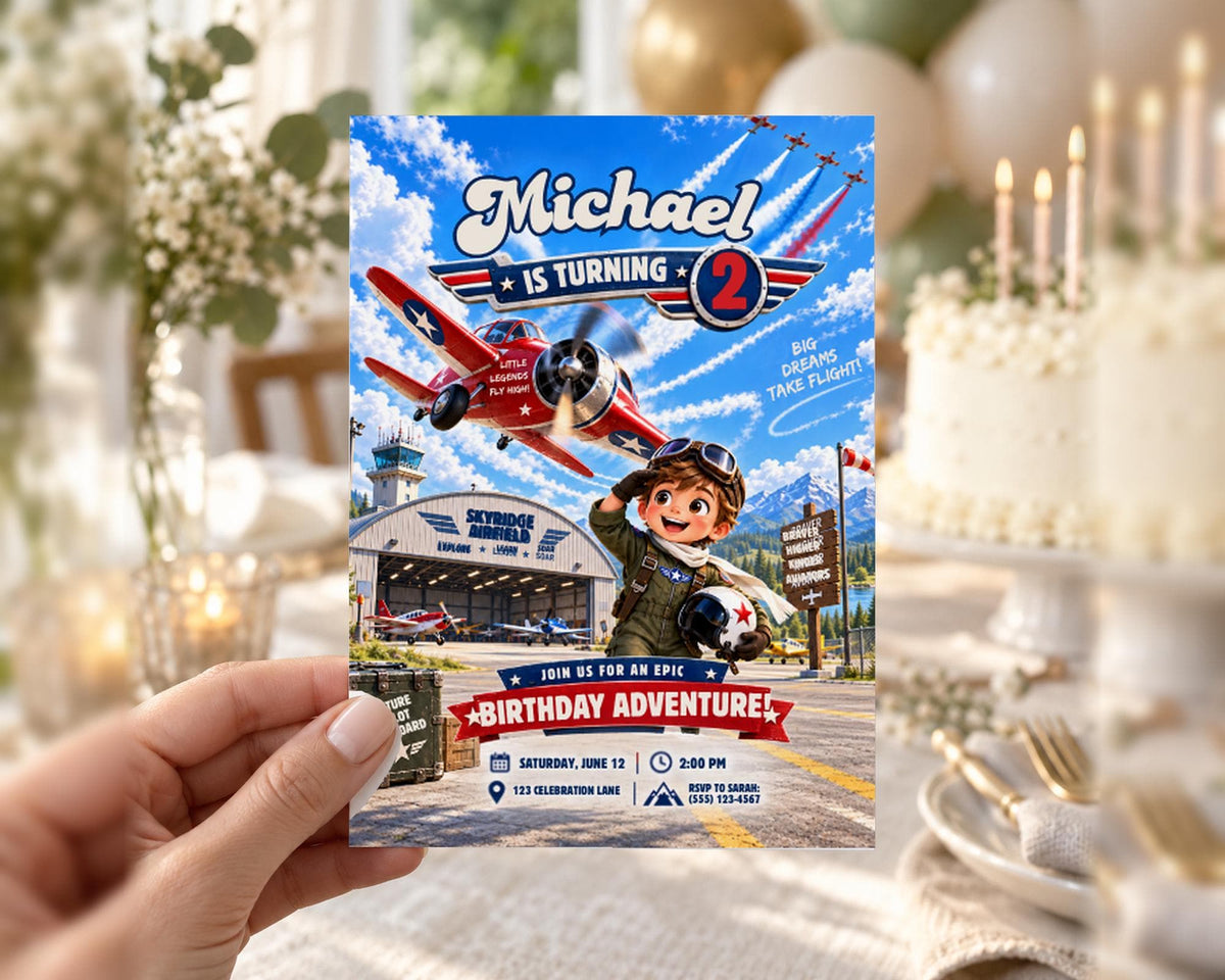A birthday party invitation for Michael's 2nd birthday, featuring a red and white airplane and a smiling boy.