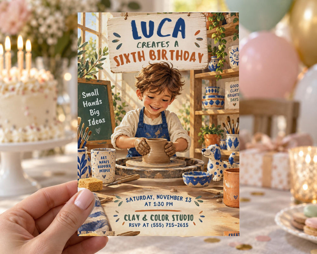The image is a birthday invitation for a child's sixth birthday party. It features a young boy sitting at a pottery wheel, surrounded by various pottery items, and the text "LUCA CREATES A SIXTH BIRTHDAY" prominently displayed.