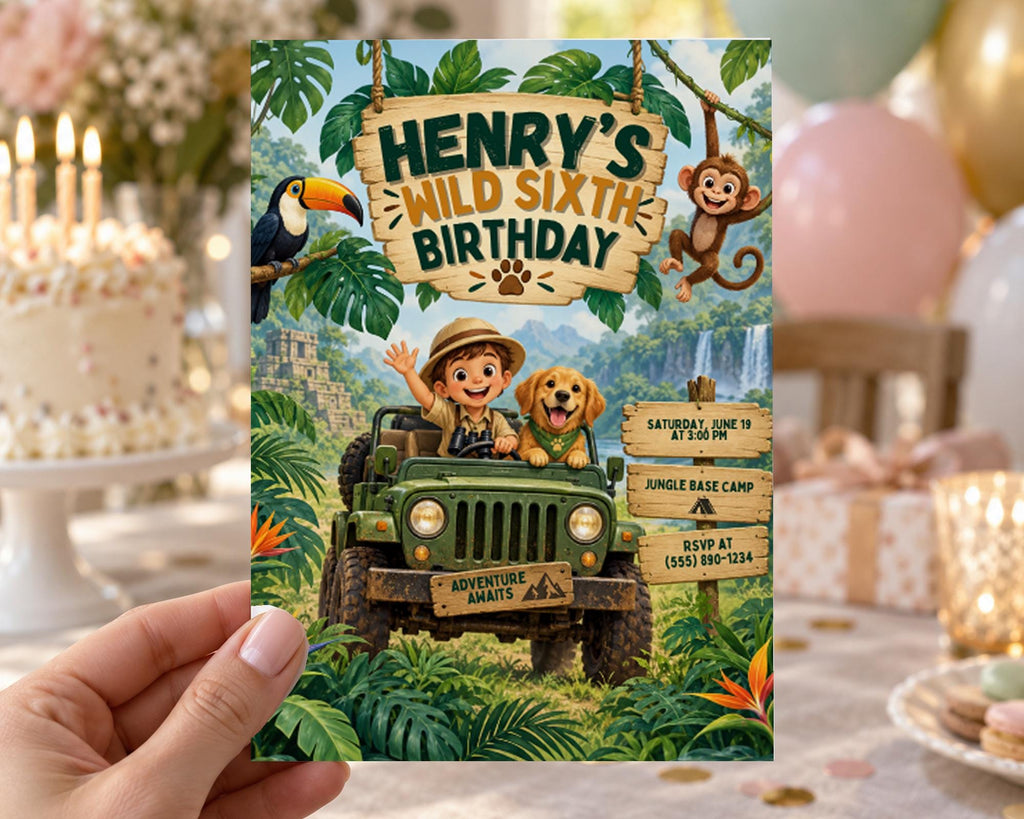 A hand holding a birthday invitation card with a jungle theme, featuring a jeep, a dog, and a monkey.
