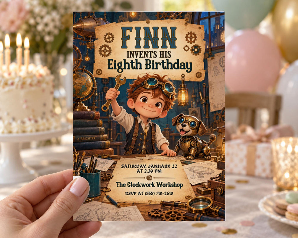 The image is a birthday invitation for a child's eighth birthday party. It features a cartoon character, a dog, and various mechanical elements, such as gears and clocks, creating a steampunk theme. The invitation is held up against a background with a cake and balloons, suggesting a festive atmosphere.