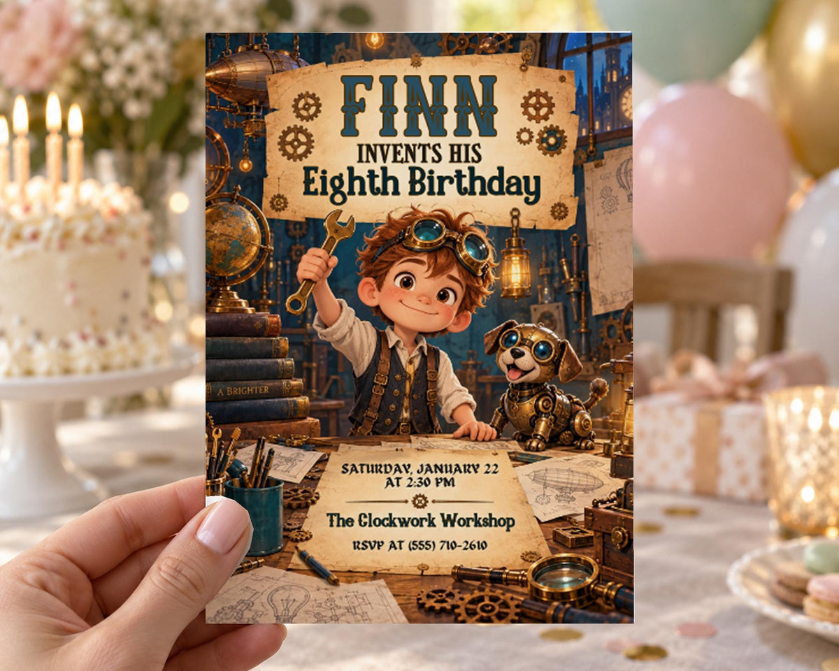 The image is a birthday invitation for a child's eighth birthday party. It features a cartoon character, a dog, and various mechanical elements, such as gears and clocks, creating a steampunk theme. The invitation is held up against a background with a cake and balloons, suggesting a festive atmosphere.