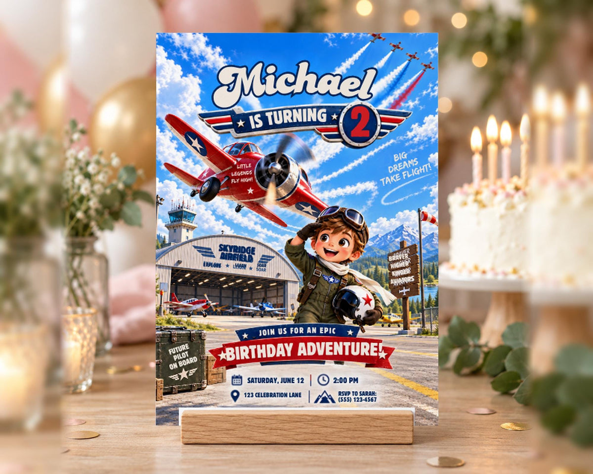 Michael is turning 2 and is about to embark on an epic birthday adventure. He is wearing a pilot's hat and is standing in front of a red and white airplane. The event is taking place on Saturday, June 12th at 2:00 PM at 132 Celebration Lake. The invitation is for a birthday party and includes details about the event, such as the location, time, and contact information.