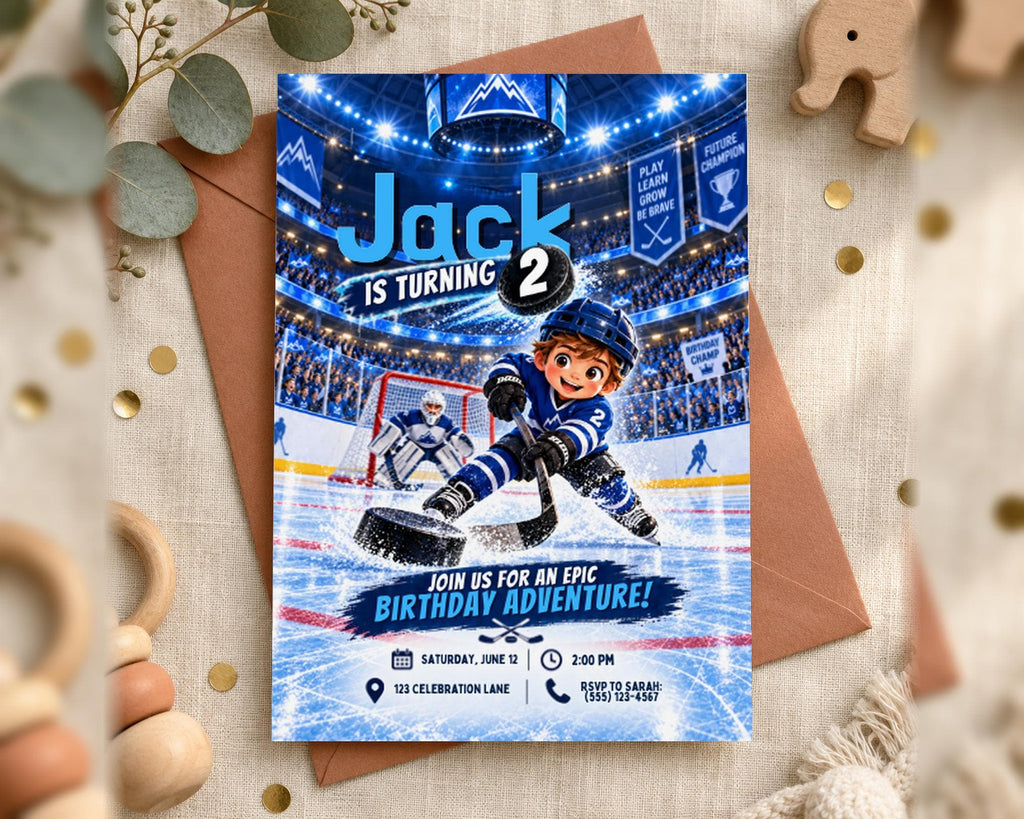 A birthday party invitation featuring a hockey player on ice, with the text "Jack is turning 2" and "Join us for an epic birthday adventure!"