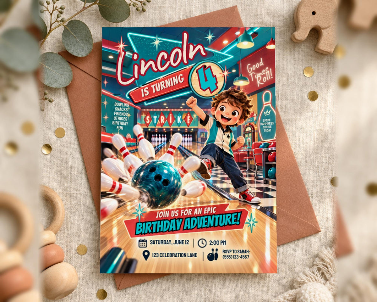 The image is a birthday invitation for a boy named Lincoln, who is turning 4 years old. The invitation features a bowling alley scene with a bowling ball and pins, along with the text "Lincoln is turning 4" and "Join us for an epic birthday adventure!" The invitation also includes details about the event, such as the date, time, location, and RSVP instructions.