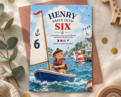 The image is a birthday invitation for a boy named Henry, featuring a sailboat and nautical elements.