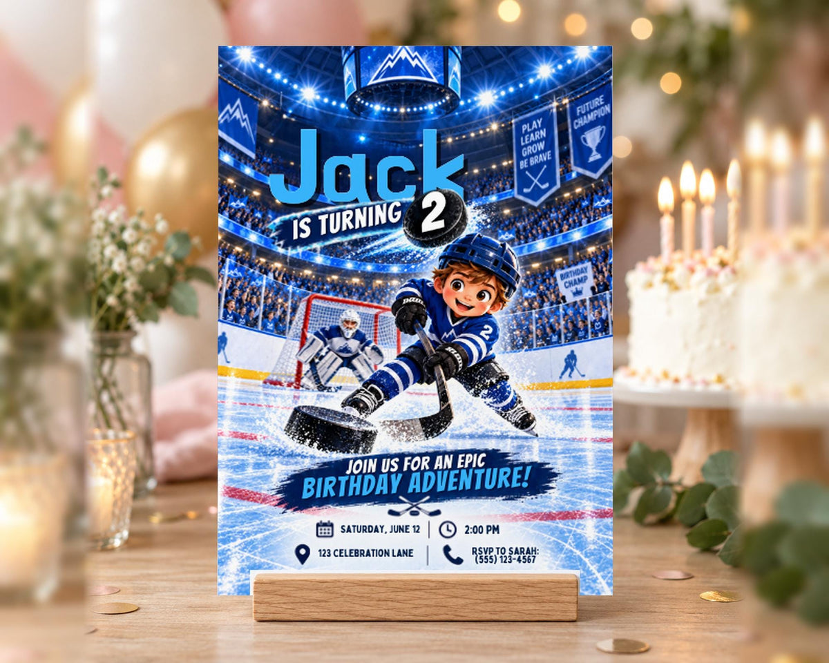 A birthday party invitation featuring a hockey player on ice, with the text "Jack is Turning 2" and "Join us for an Epic Birthday Adventure!"