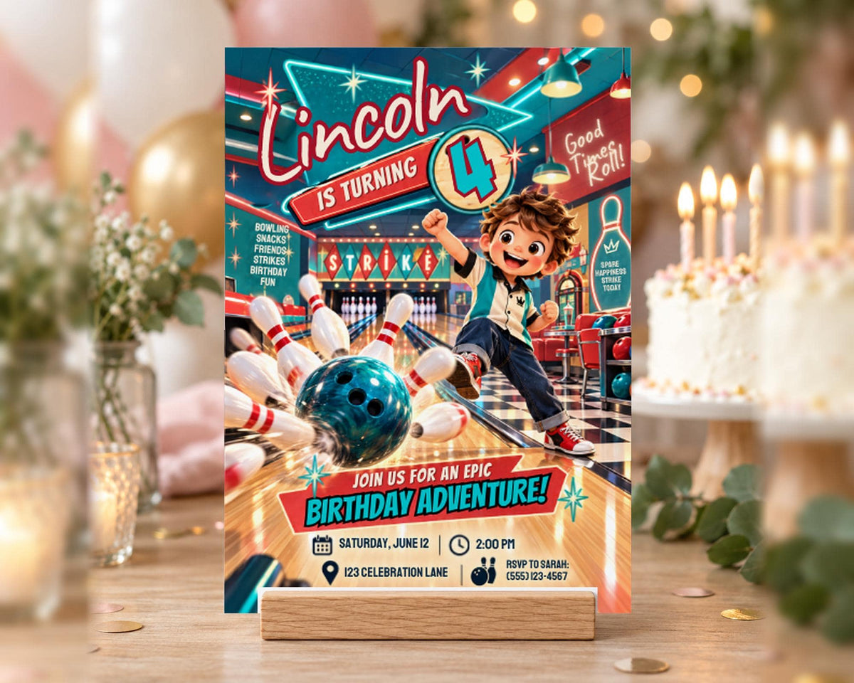 a children's birthday card with a bowling theme