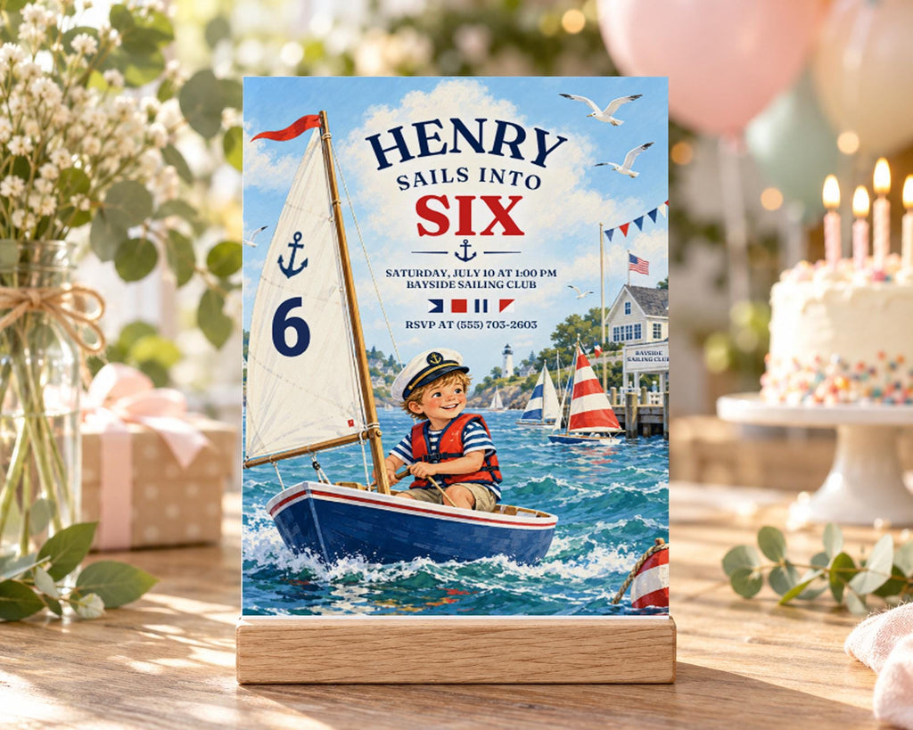 The image is a birthday invitation for a child named Henry, featuring a sailboat and nautical elements.