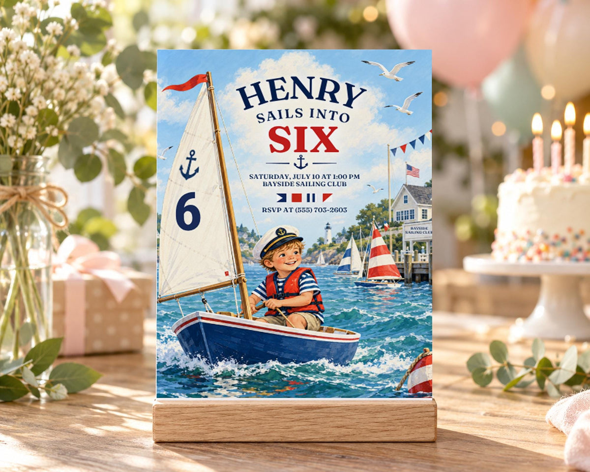 The image is a birthday invitation for a child named Henry, featuring a sailboat and nautical elements.