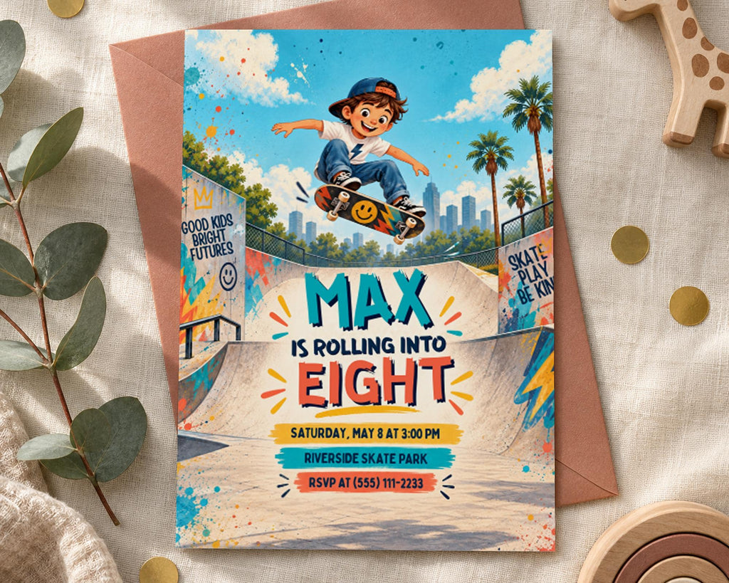 The image is a birthday invitation for a boy named Max who is turning eight years old. It features a colorful illustration of a young boy riding a skateboard, with the text "MAX IS ROLLING INTO EIGHT" prominently displayed. The event is scheduled for Saturday, May 8 at 3:00 PM at the Riverside Skate Park, RSVP at (5551) 111-3223.