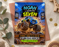 The image is a birthday invitation for a child named Noah, featuring a large blue monster truck and a muddy track arena.