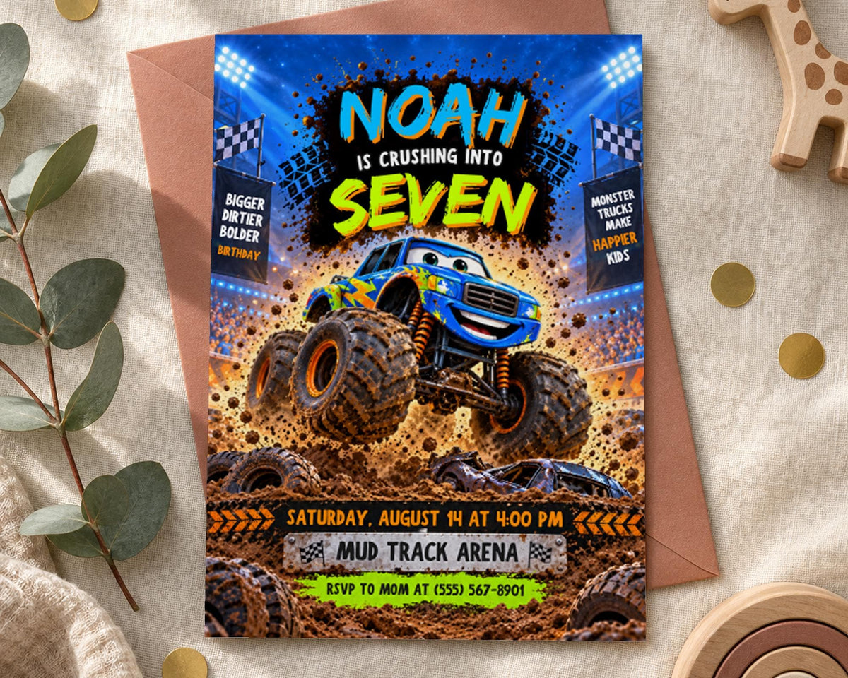 The image is a birthday invitation for a child named Noah, featuring a large blue monster truck and a muddy track arena.