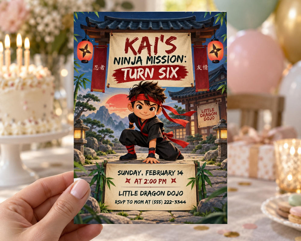 The image is a birthday party invitation featuring a cartoon character, specifically a ninja, and a dragon. The invitation is for a "Kai's Ninja Mission: Turn Six" event on Sunday, February 14 at 2:00 PM. The event is organized by Little Dragon Dojo and is being held at their location.