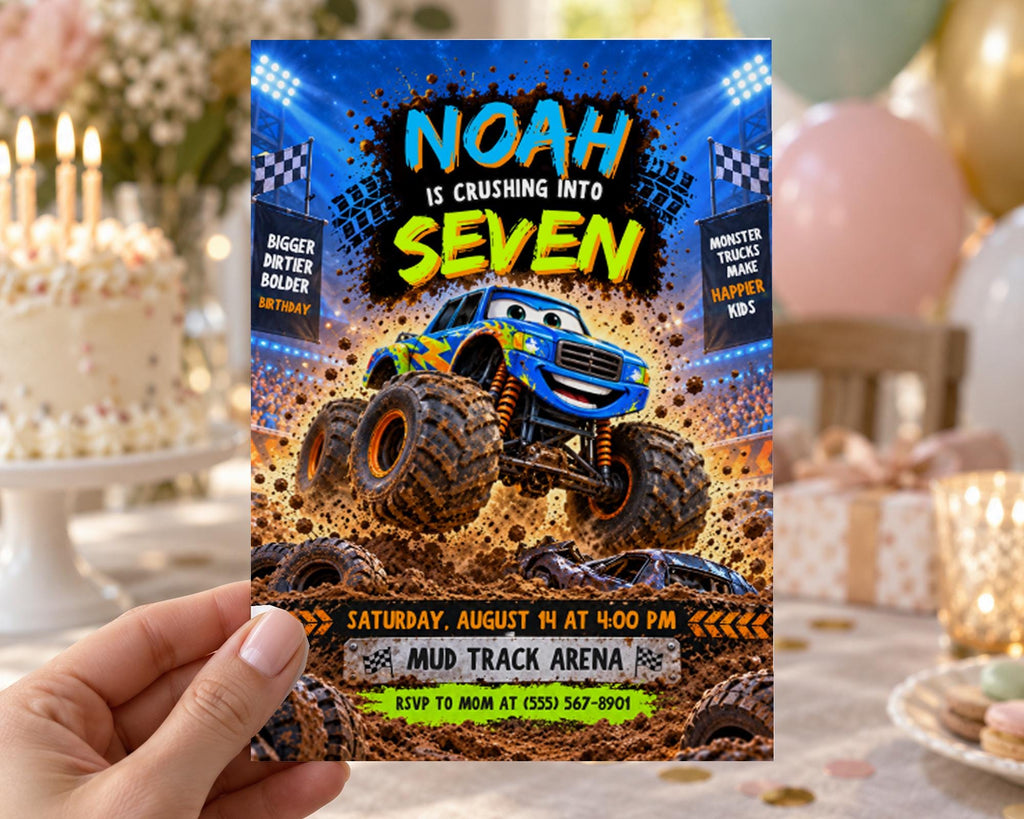 A birthday party invitation featuring a blue monster truck and the text "Noah is crushing into seven" along with details about the event.