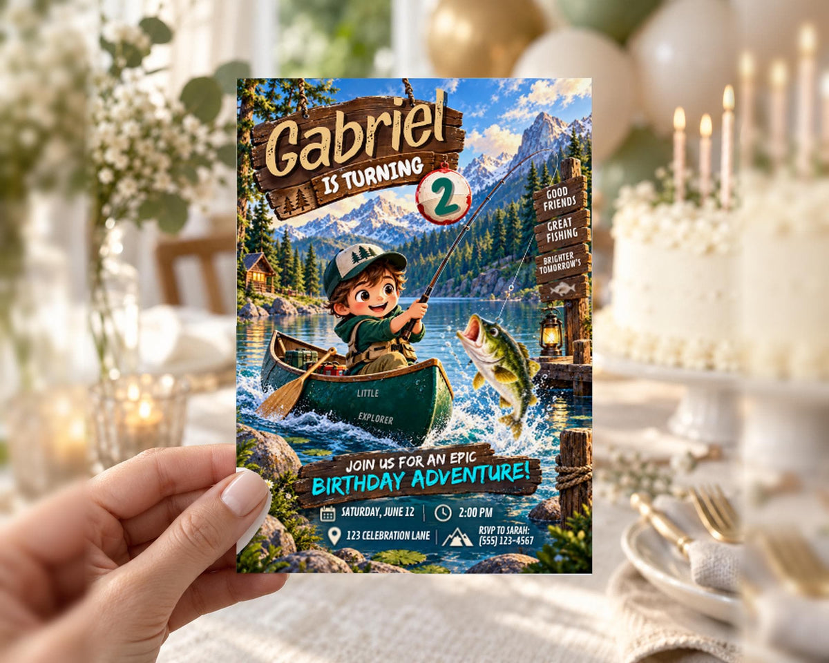 A birthday party invitation featuring a cartoon image of a young boy fishing in a canoe, with mountains in the background and a birthday cake in the background.