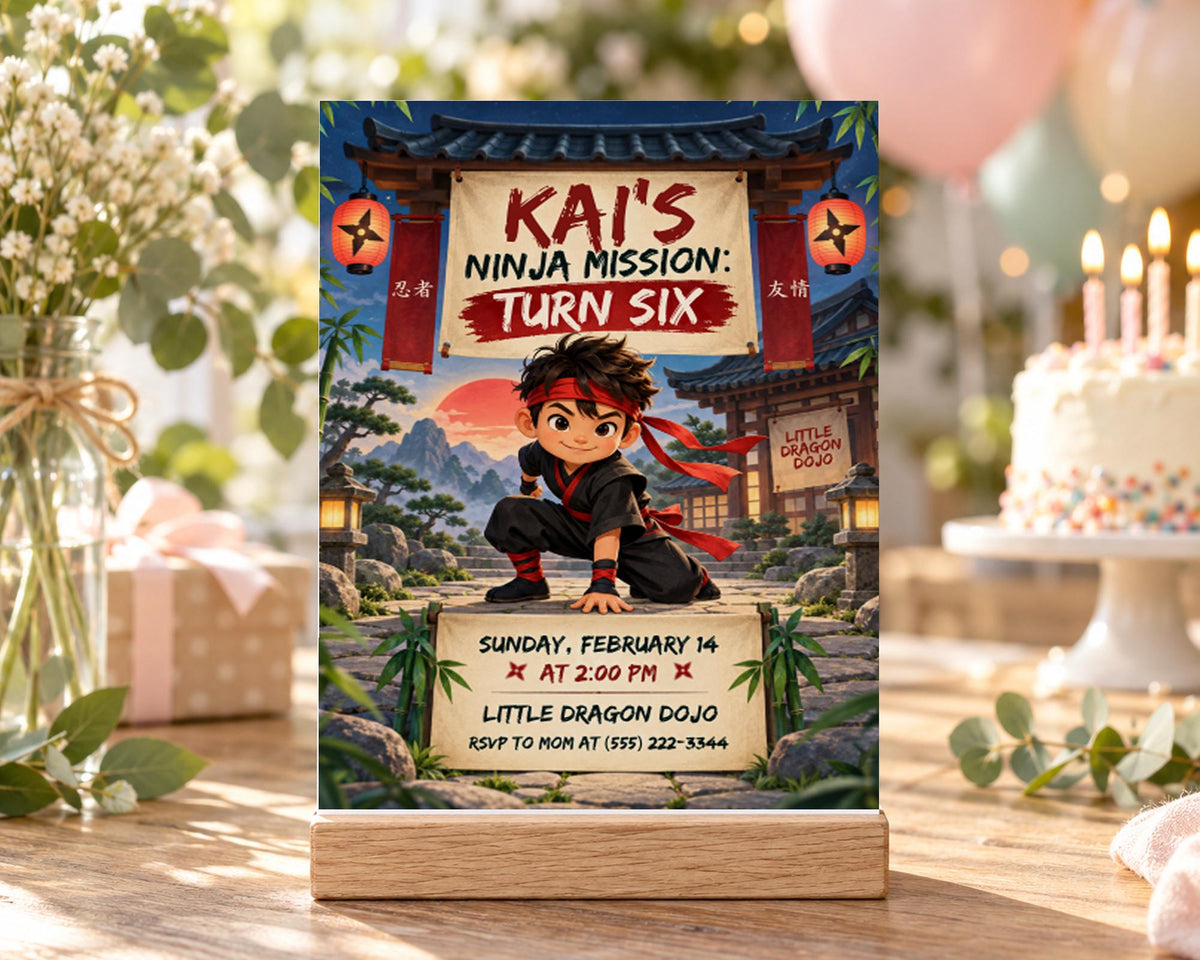 The image is a birthday party invitation featuring a cartoon character dressed as a ninja, with a sign that reads "Kai's Ninja Mission: Turn Six". The invitation is displayed on a wooden stand, with a cake and balloons visible in the background.