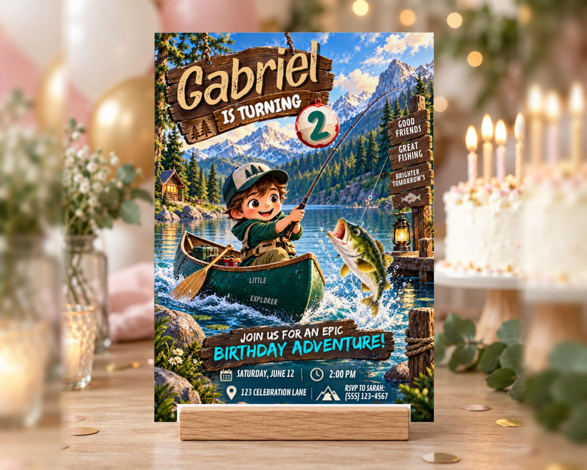 A birthday party invitation featuring a cartoon image of a young boy fishing in a canoe, with a mountain backdrop and the text "Gabriel is turning 2" prominently displayed.