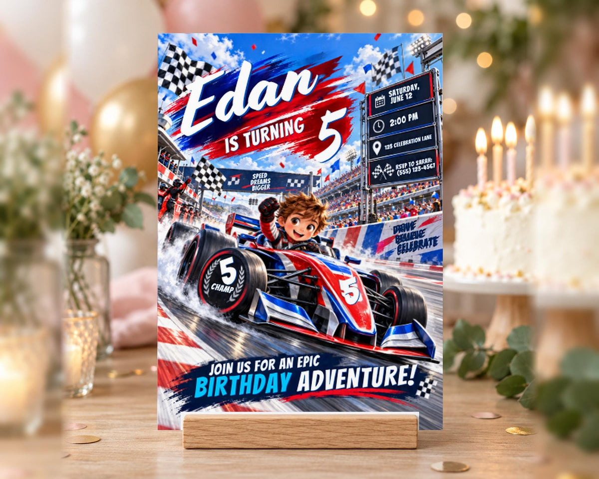 A birthday party invitation for a child's 5th birthday, featuring a racing car theme with the text "Ethan is turning 5" and details about the event.
