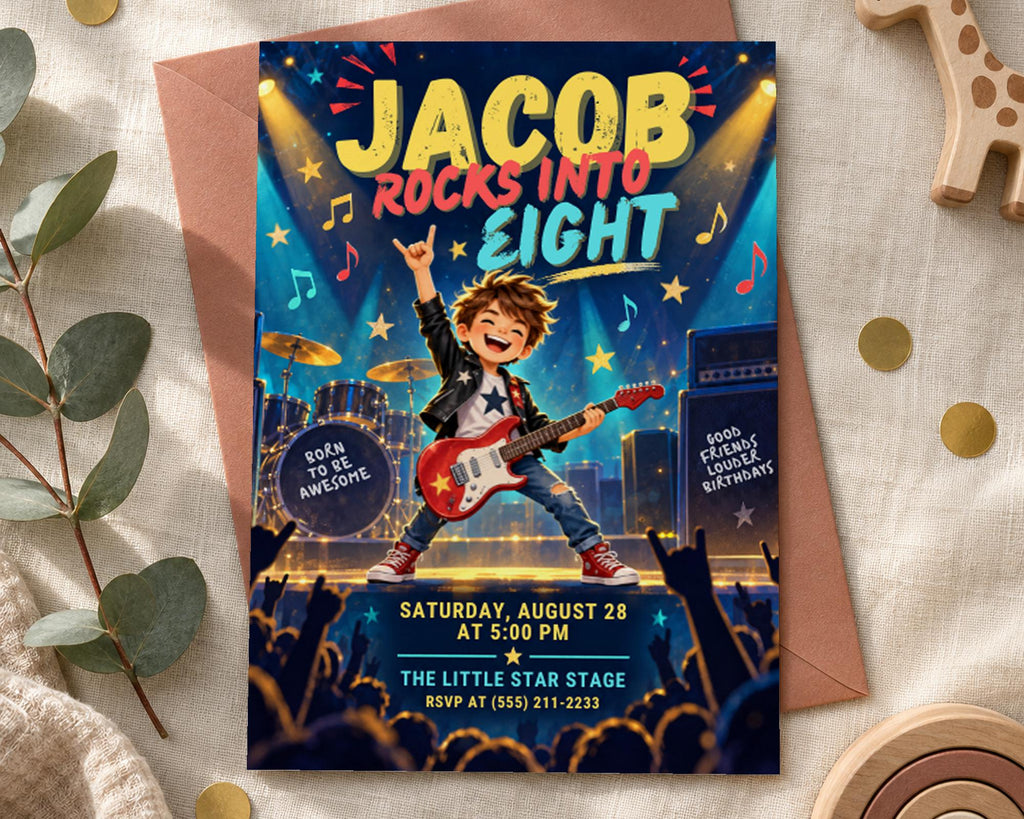 The image is a birthday party invitation featuring a cartoon boy playing guitar and performing on stage, surrounded by a crowd of people.