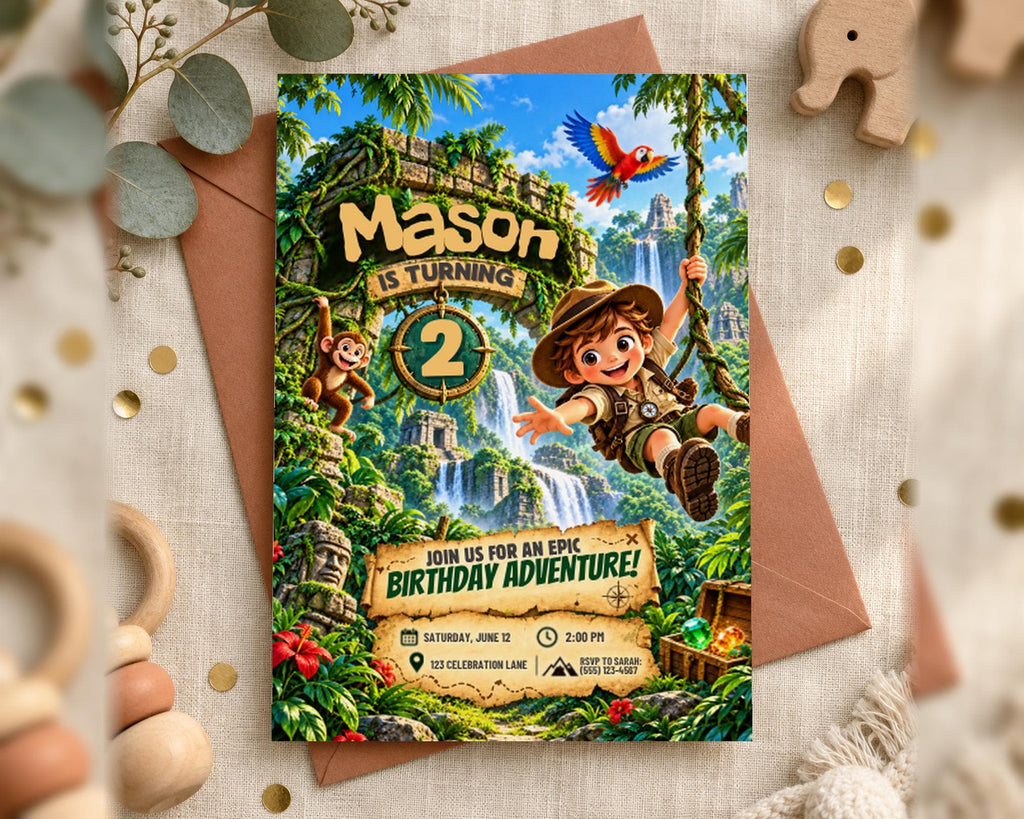A birthday party invitation featuring a jungle theme with a young boy swinging from a rope, surrounded by jungle animals and plants.
