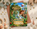 A birthday party invitation featuring a jungle theme with a young boy swinging from a rope, surrounded by jungle animals and plants.
