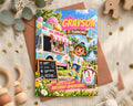 The image is a birthday invitation featuring a cartoon ice cream truck and a young boy, with the text "Grayson is Turning 1" prominently displayed.