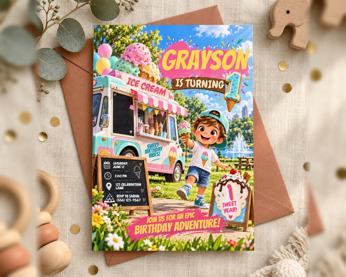 The image is a birthday invitation featuring a cartoon ice cream truck and a young boy, with the text "Grayson is Turning 1" prominently displayed.