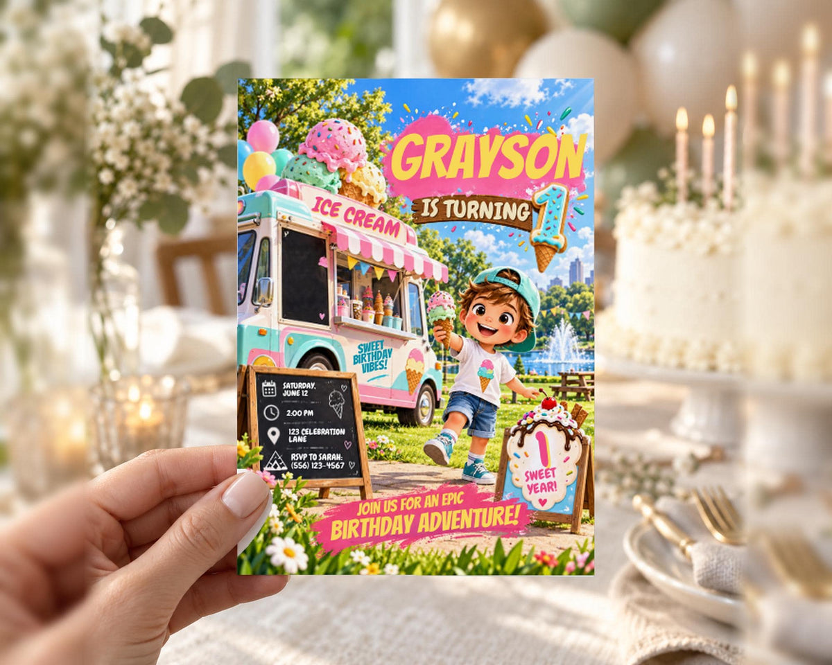 The image is a birthday invitation for a child named Grayson, who is turning one. The invitation features a cartoon ice cream truck and a young boy enjoying ice cream. The invitation includes details about the event, such as the date, time, and location, as well as a call to action for guests to join the adventure.