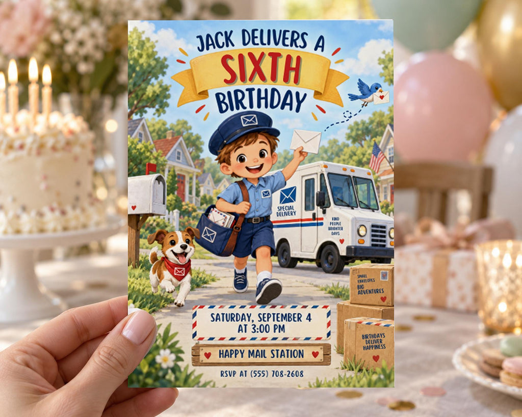 The image is a birthday invitation for a six-year-old boy named Jack, who is celebrating his birthday at a Happy Mail Station. The invitation features a cartoon image of a young boy dressed as a mailman, holding a letter and standing next to a mailbox. The background of the invitation includes a cartoon depiction of a postman delivering mail and a mailbox. The invitation also includes details about the date, time, and location of the birthday party.