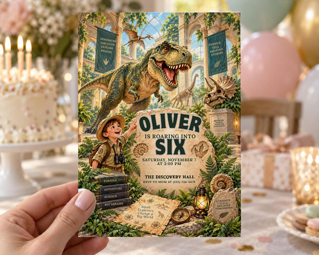 The image is a birthday party invitation featuring a dinosaur and a child, with the text "OLIVER IS ROARING INTO SIX" and "THE DISCOVERY HALL" prominently displayed.