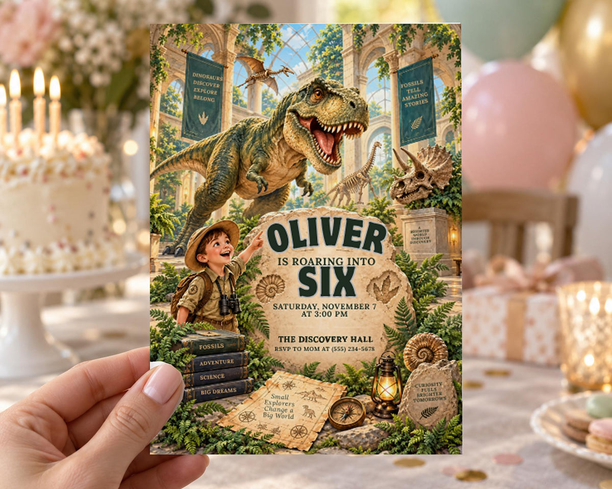 The image is a birthday party invitation featuring a dinosaur and a child, with the text "OLIVER IS ROARING INTO SIX" and "THE DISCOVERY HALL" prominently displayed.