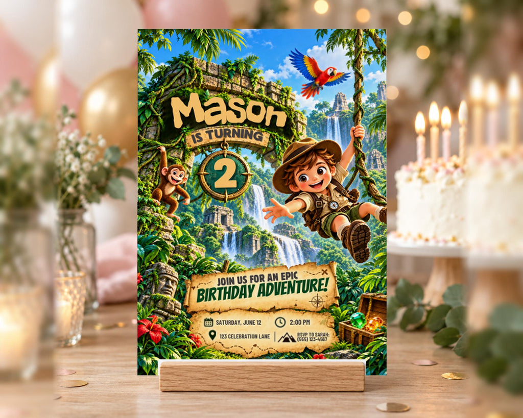 A birthday party invitation featuring a jungle theme with a young boy swinging from a tree, surrounded by palm trees, a waterfall, and a bird.
