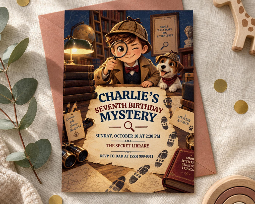 The image is a birthday invitation for a child named Charlie, featuring a cartoon character, a magnifying glass, and a book, along with the text "CHARLIE'S SEVENTH BIRTHDAY MYSTERY" and details about the event.