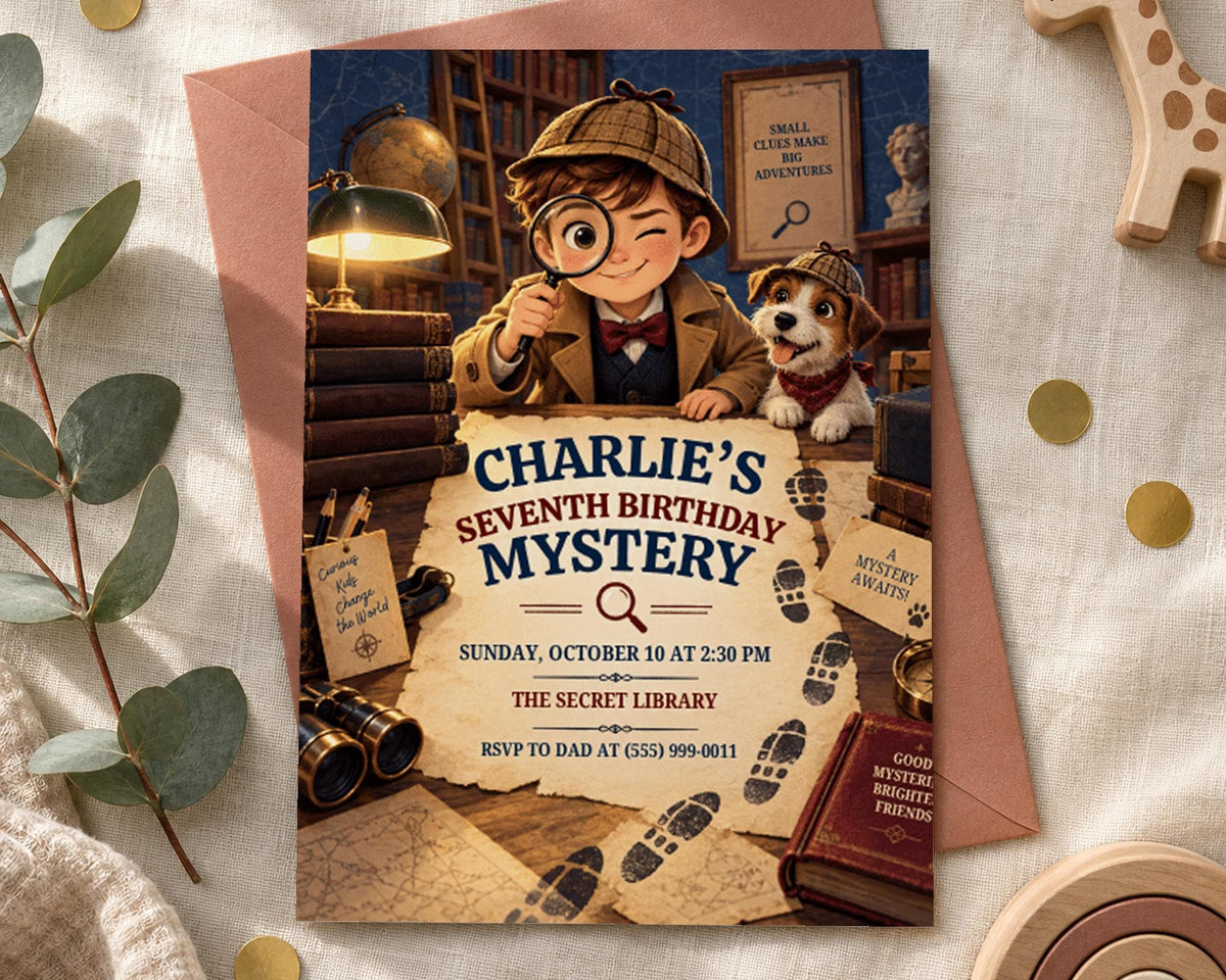 The image is a birthday invitation for a child named Charlie, featuring a cartoon character, a magnifying glass, and a book, along with the text "CHARLIE'S SEVENTH BIRTHDAY MYSTERY" and details about the event.