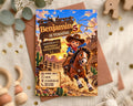 The image is a birthday invitation for a boy named Benjamin, who is turning five years old. The invitation features a cowboy theme, with a cowboy riding a horse and a sign that says "Benjamin is turning 5". The invitation also includes details about the birthday party, such as the date, time, location, and a list of guests.