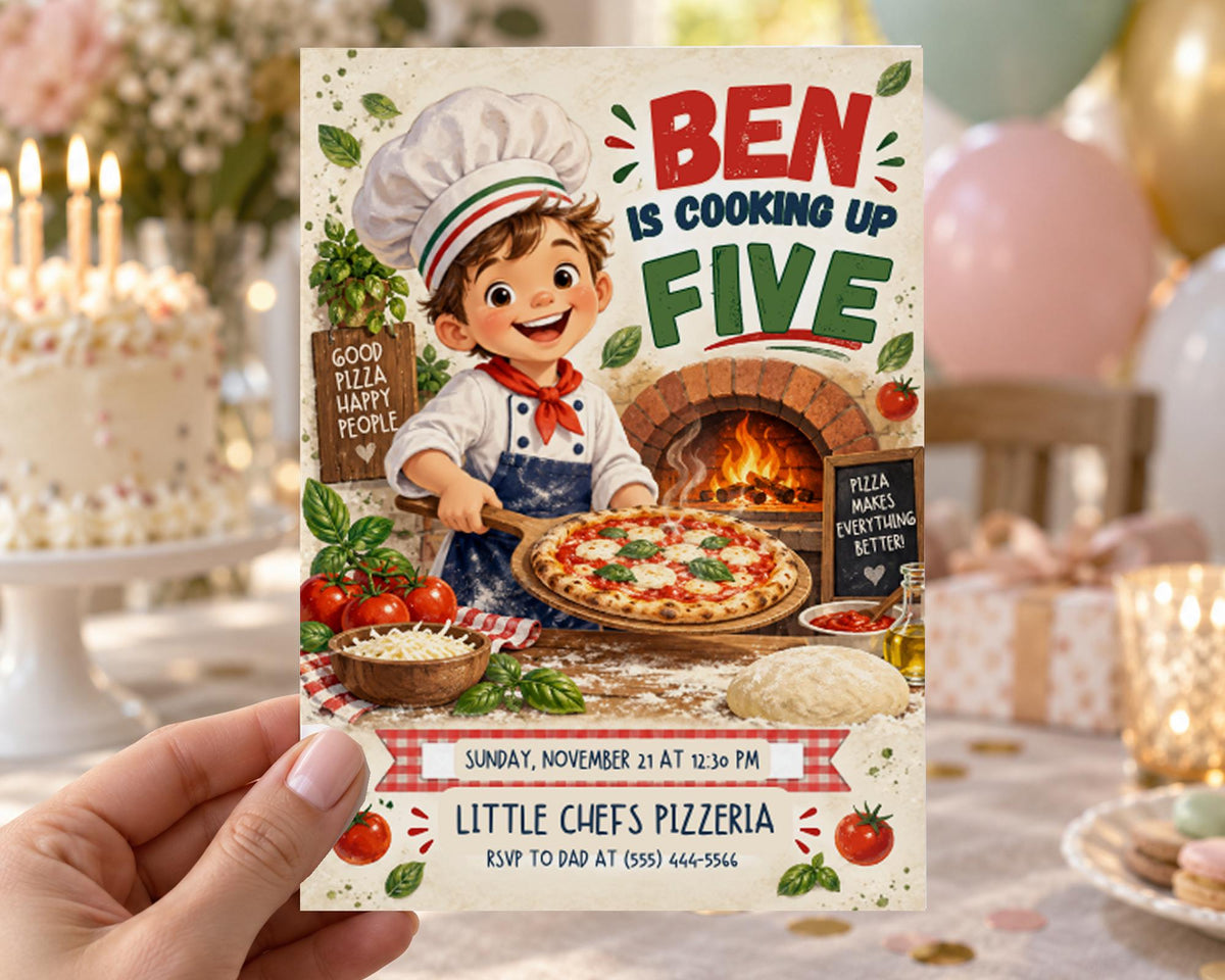 The image is a birthday invitation featuring a cartoon chef cooking pizza, with a table set up for a celebration.